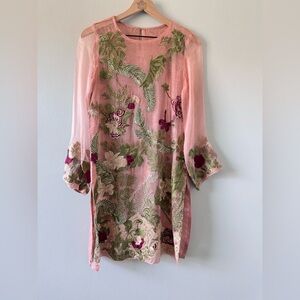 Pink and Green Sheath Dress with Bell Sleeves for Wedding Guest